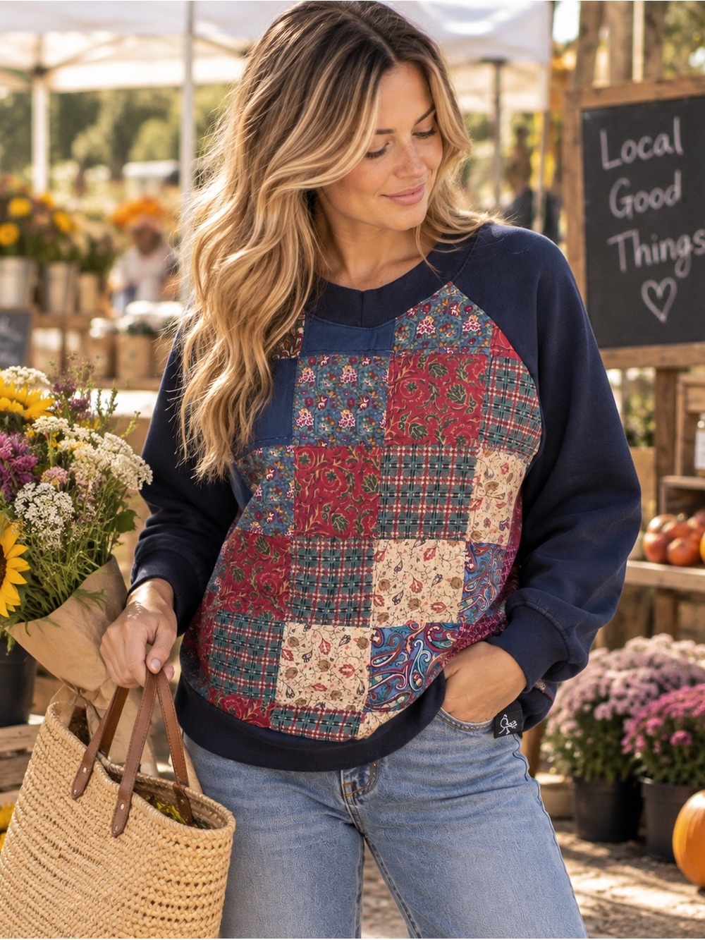 Hip Chick Design Patchwork Sweatshirt S/M Boho Quilted NWT Canada